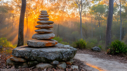 Balancing rocks at sunrise creating a peaceful Zen atmosphere in nature
