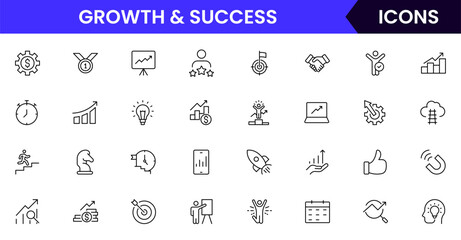 Vector line icons of growth, success, progress, goals, achievement, leadership, motivation, career, business strategy, and performance ideal for apps, websites, and presentations.
