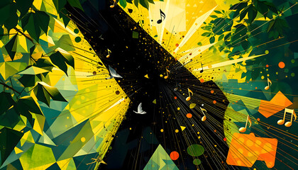 Vibrant Geometric Abstract with Music Notes and Birds Artwork