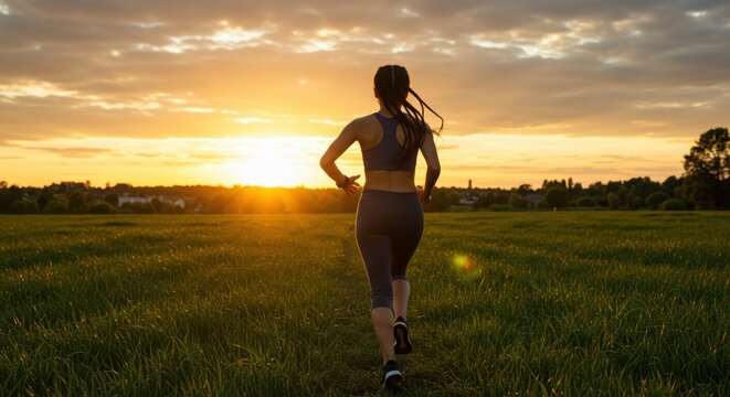 Woman running into a vibrant sunset across a lush field, pursuing fitness and freedom outdoors