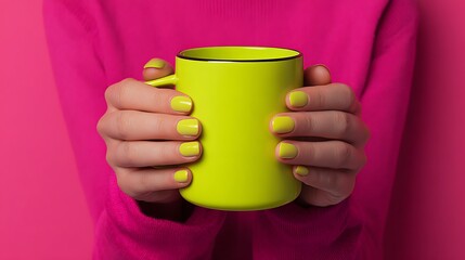 Obraz premium Woman's hands holding a bright yellow mug against a pink background