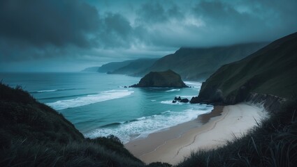 Coastal landscape with cliffs, beach, and ocean waves under a cloudy sky. Nature scenery with rugged coastline and serene waters.