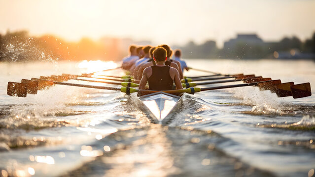 Rowing team races on the river at sunrise, a strong display of teamwork and water sports competition at dawn. - Powered by Adobe