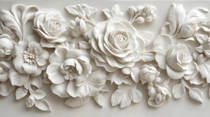 Intricate white floral bas-relief carving, roses, leaves, buds, elegant design.