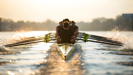 Team of rowers powerfully rowing a boat on the water during a golden sunset, creating waves and a sense of strength.