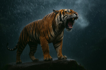 Wild striped big cat, a Bengal tiger, in its natural habitat