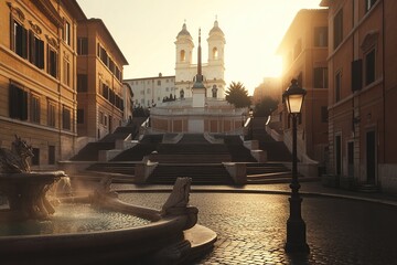 The Spanish Steps in Rome at dawn, with the iconic set of stairs and fountains at its center.