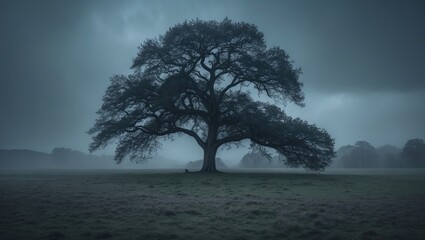 Obraz premium A solitary tree standing in a field under a cloudy sky during twilight.