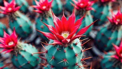 Close-up of a cactus with vibrant pink flowers and sharp spines, showcasing the plant's natural beauty and intricate details.