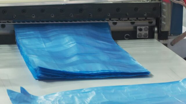 Automatic polyethylene bag making machine makes and stacks blue polyethylene bags, operator removes finished packs of bags from conveyor