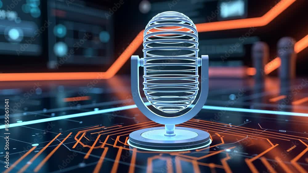 Poster a futuristic 3d voice assistant icon with wave lines, floating in a sci-fi hud environment, sleek an