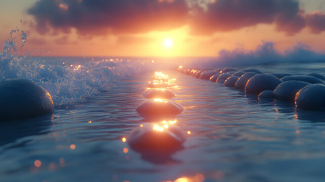 Golden path: A serene coastal sunset over rippling waves and tranquil stone path