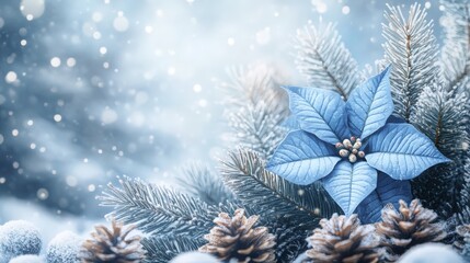 Elegant winter scene with blue poinsettia, pine cones, and snow bokeh