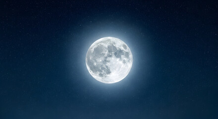 Fototapeta premium Detailed full moon with a bright celestial halo, showcasing lunar craters and textures against the vast cosmic night sky.