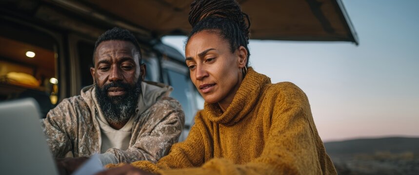Couple working on laptop outdoors near camper van