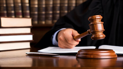 Judge holding a gavel in a courtroom, surrounded by law books and legal documents, signifying justice and the legal system.
