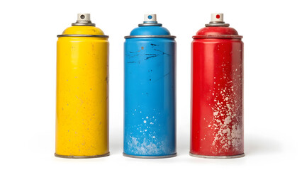 Three colorful spray paint cans, yellow, blue, and red, isolated on a white background ready for artistic projects.
