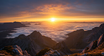 Naklejka premium Sunrise above mountain peaks