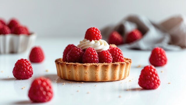 Fresh raspberry tart with cream and raspberries on top, surrounded by scattered raspberries on a white surface.