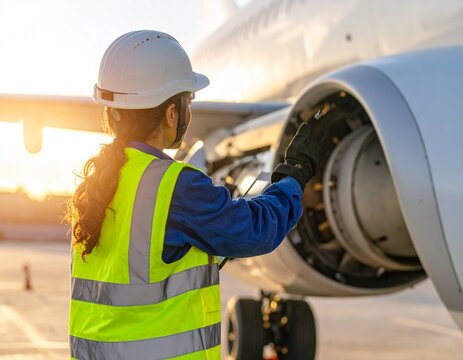 GeClose-Up Aircraft Mechanic Inspecting A320neo Engine at Golden Hournerated image