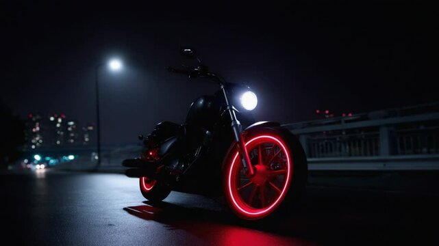 Red custom motorcycle with illuminated wheels parked on a rain-slicked city street at night