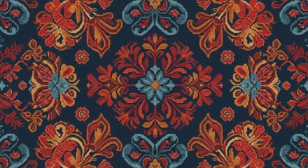 Intricate Floral Pattern in Deep Blue, Red, and Orange with Detailed Design