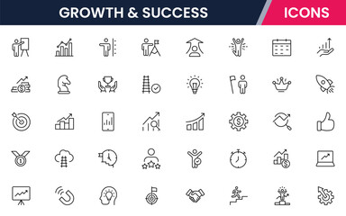 Vector line icons of growth, success, progress, goals, achievement, leadership, motivation, career, business strategy, and performance ideal for apps, websites, and presentations.