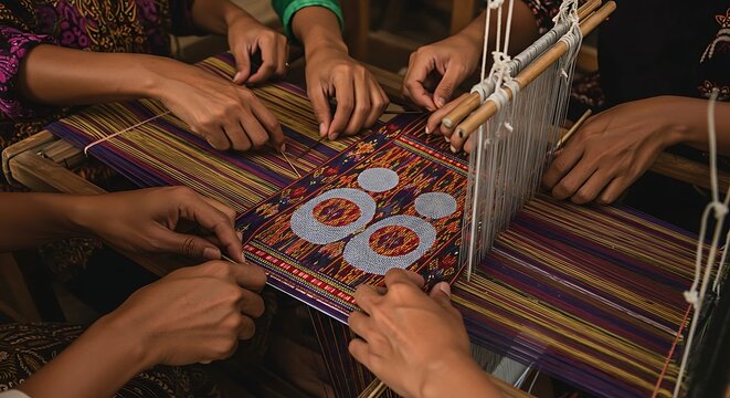 Artisans Collaboratively Weaving Vibrant Textile on Traditional Loom