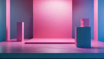 A minimalistic stage setup with pink and blue lighting, featuring three rectangular platforms of different heights.
