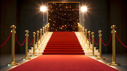 Experience the glamour of a red carpet event with velvet rope, golden stanchions, and bright stage lighting leading to stardom.