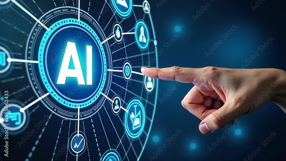 Poster digital interface with blue and white elements, surrounded by virtual modern futuristic hi-tech inte