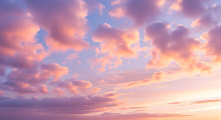 Obraz premium A celestial skyscape of ethereal pink and purple clouds painting the serene twilight sky at sunrise or sunset.