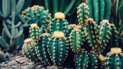 Cluster of green cacti with yellowish spines and flowers, growing in rocky soil. Desert plants, succulents, and arid environment. Cactus collection and landscaping.