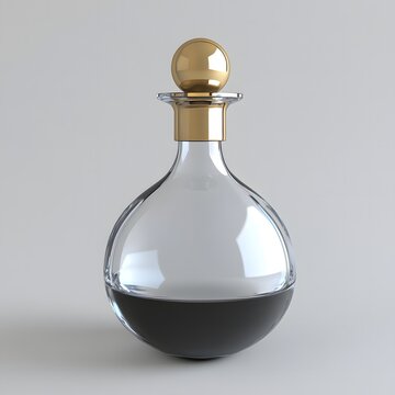 Clear glass bottle with golden stopper filled with dark liquid on a neutral background studio shot