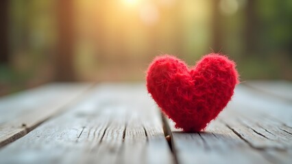 Fototapeta premium Plush Red Heart on Rustic Wooden Surface with Soft Light