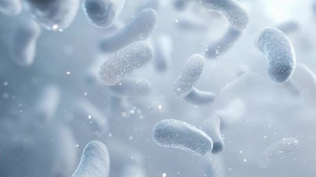white dreamy background filled with countless lactic acid bacteria floating and glowing softly D CG style ethereal and clean atmosphere microscopic biological scene soft light