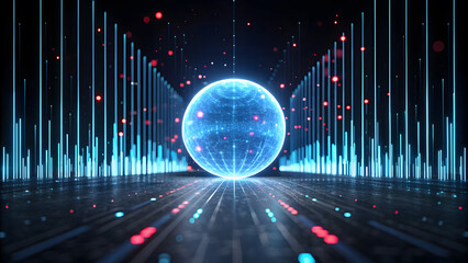 An abstract rendering presents a futuristic glowing sphere amidst data streams and vibrant particle effects creating a modern digital backdrop.
