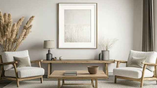 Blank white mat frame mockup set on wooden table in a cozy minimalist home, simple elegant design for displaying photography or artwork