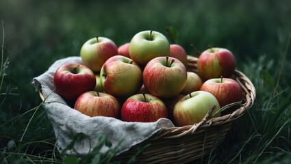 Basket of apples with mixed red and green colors resting on grass in an outdoor setting.