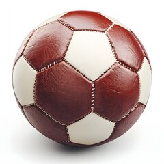 A close up shot of a brown and white soccer ball with visible stitching on a white background surface