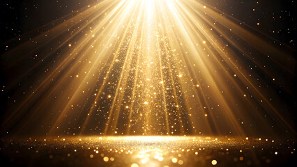 Radiant golden light streams down illuminating a shimmering surface with a cascade of sparkling particles and dust.