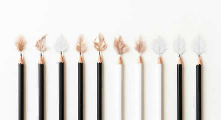 Arrangement of pencils with light feathers on a plain background display art