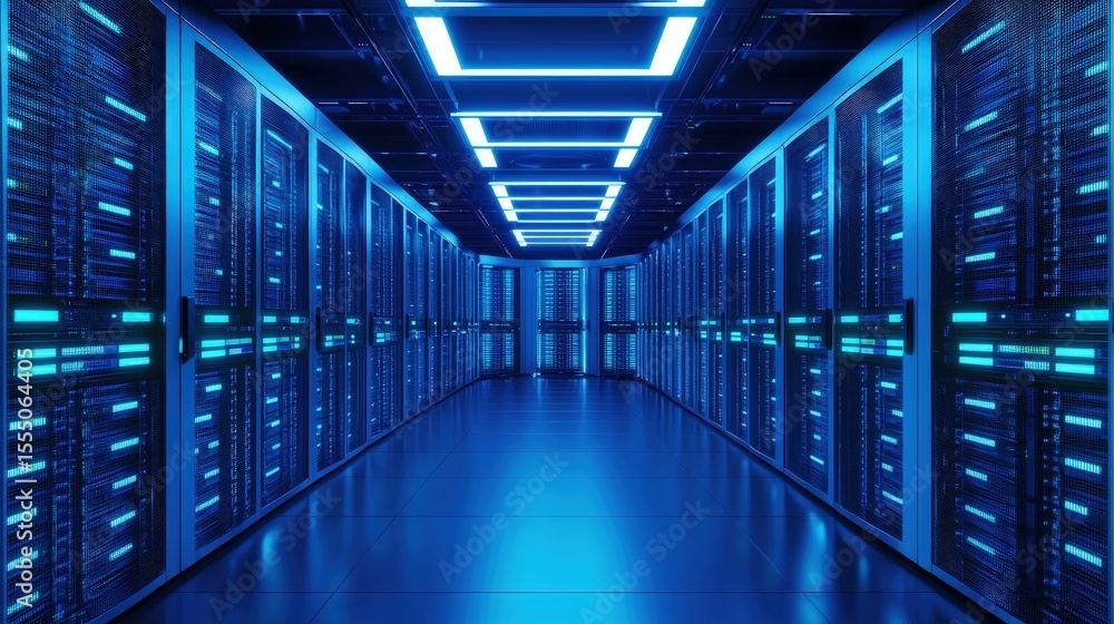 Aufkleber Brightly lit blue server hallway filled with high tech data racks, representing cutting edge cloud computing, network security, and scalable infrastructure solutions