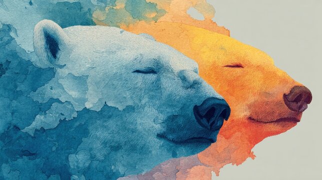 Two bears portrayed in watercolor style, one in cool blue hues and the other in warm orange tones, peacefully resting side-by-side in a calming composition.
