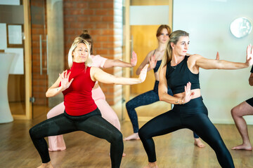 People doing group yoga training indoors promoting health, body awareness, fitness, and active...