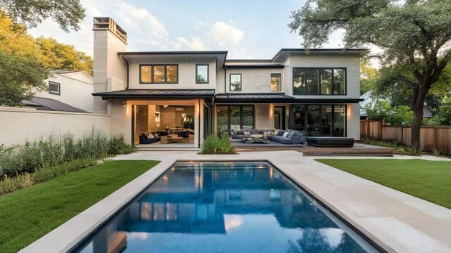 Contemporary house with backyard and swimming pool, sleek architectural design, modern outdoor living space, stylish landscaping