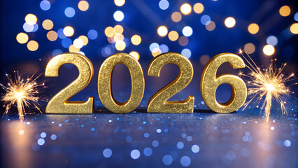 Golden 2026 numerals gleam against a bokeh backdrop, celebrating the New Year with sparkling sparklers and festive cheer.