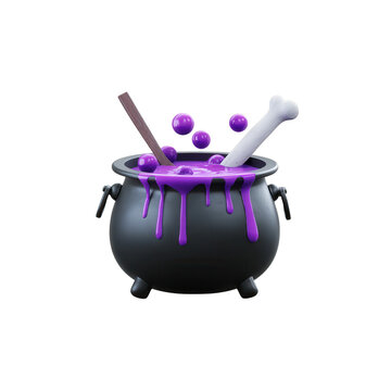 Black cauldron with purple liquid and implements
