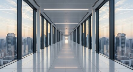 Modern office corridor with cityscape view at sunset
