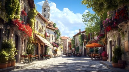 Charming European village square with cobblestone streets and cafes under a clear blue sky